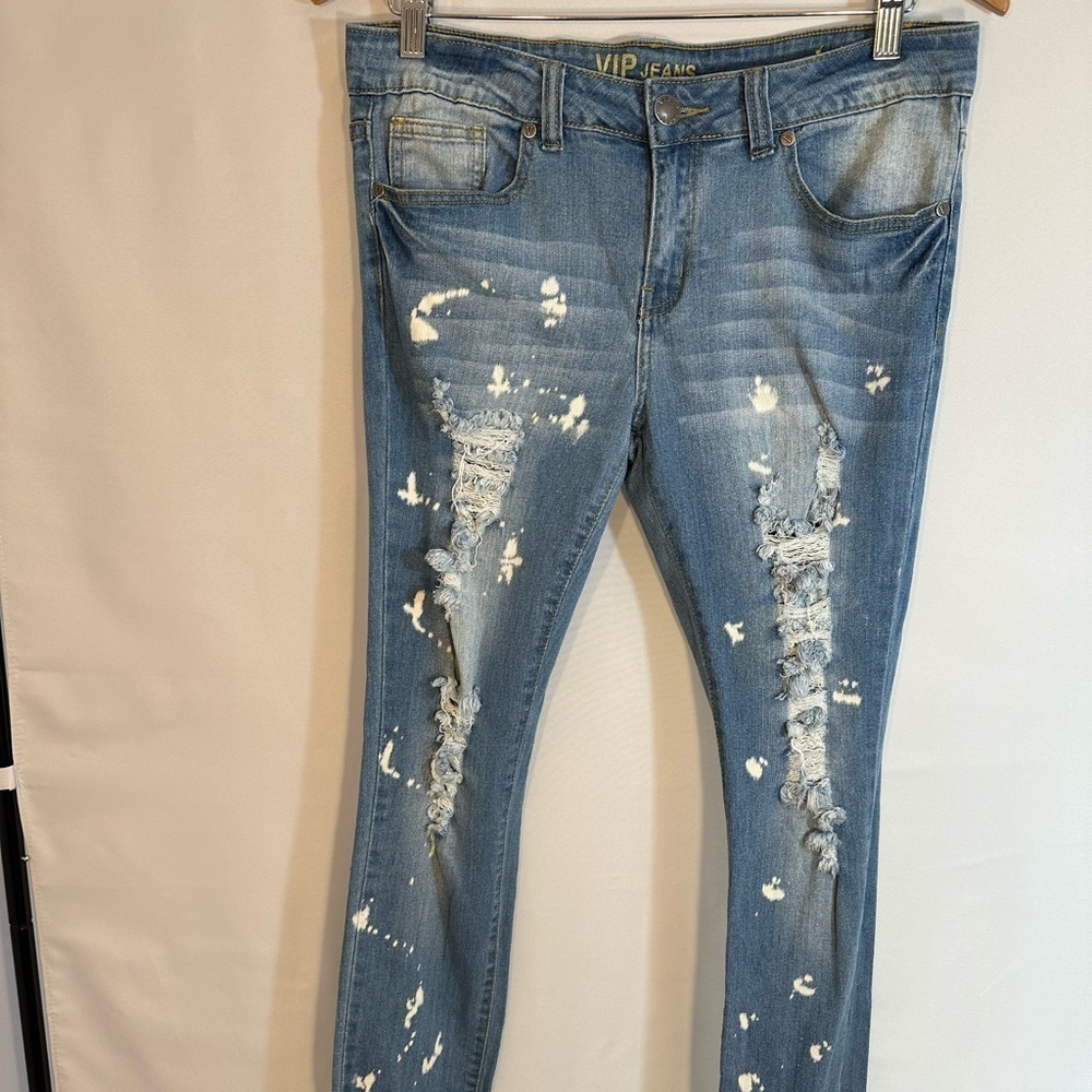 VIP Jeans Womens Blue Denim Distressed Ripped Jeans Size 9/10 Roll Up Hemline - Picture 13 of 16